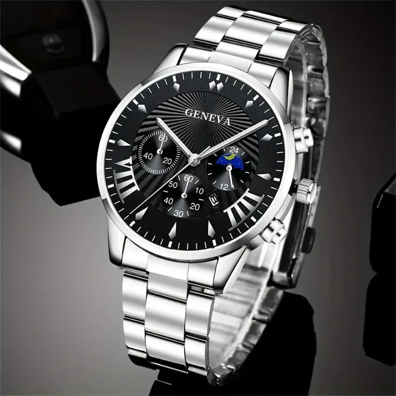 3pcs/set, Classic Fashion Men\'s Business Calendar Stainless Steel Quartz Watch & Bracelet Necklace Set, Gifts For Men