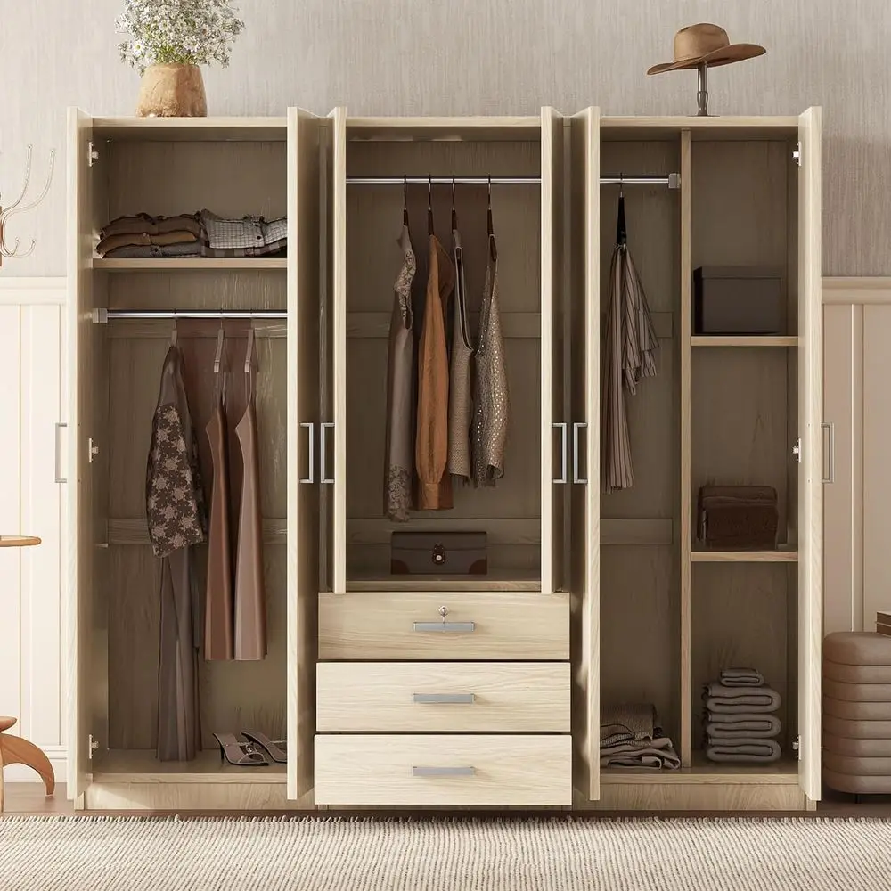 

6 DoWardrobe Clothes Organizer, Wooden Armoire Wardrobe Closet with Three Big Ders with Locker, Hanging Rail and Shelves or Home