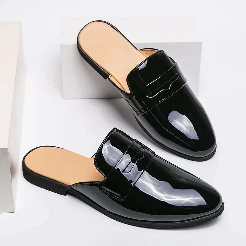 Casual Men's Half Slippers Classic Retro Flat Bottomed Style Outdoor Leisure Party and Daily Life Walking Black Leather Hombre