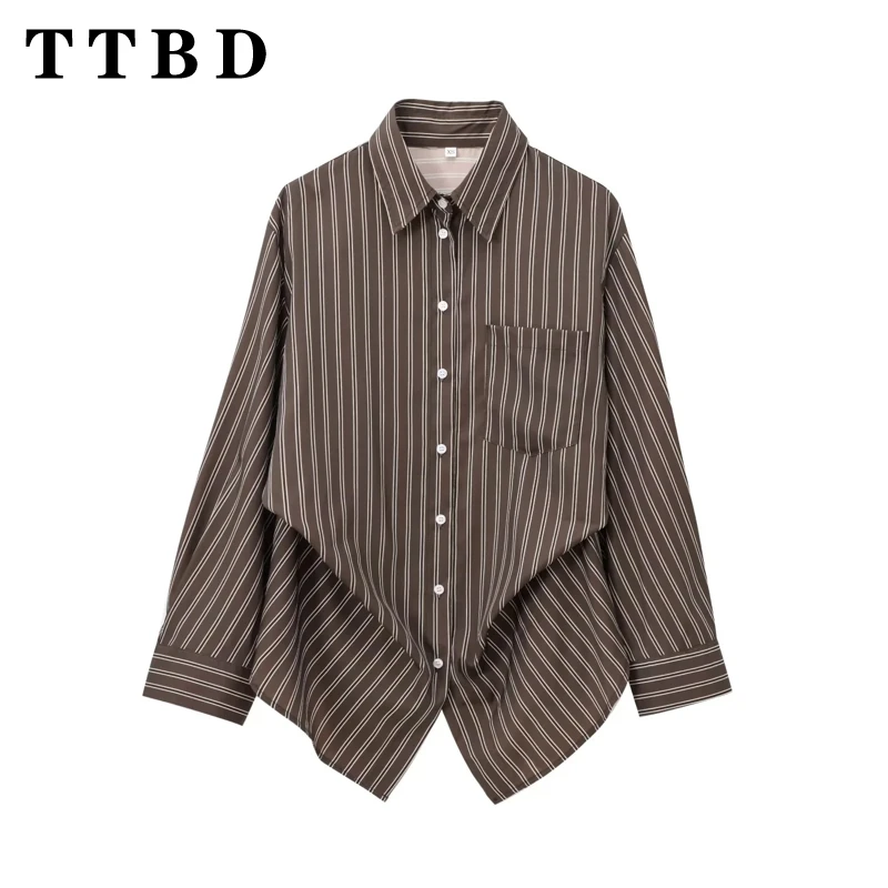 TTBD 2024 New Autumn Woman\'s Casual Single-breasted Long Sleeve Striped Shirt Coat Female Vintage Turn-down Collar Top Jacket