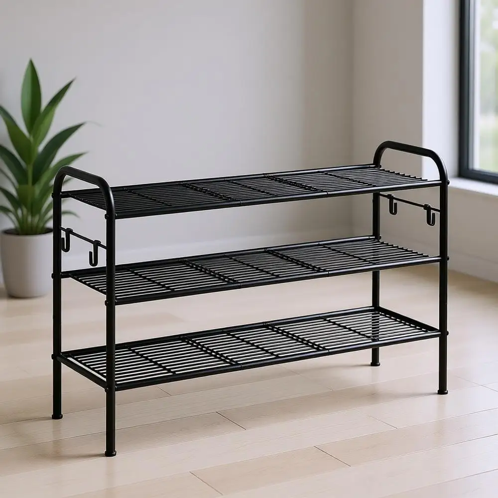 

3-ярусная регулируемая металлическая подставка для обуви с 4 крючками, вмещает 15 пар, идеально подходит для прихожей, коридора, гардеробной