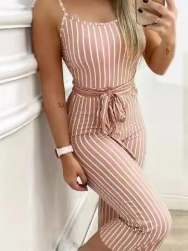 

Striped Print Fashion Women's Jumpsuit High Waist Lace-Up Bodysuit Jumpsuits Sleeveless One Piece Halter Romper Sportswear