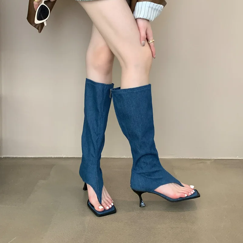 

Blue Boots Sexy Thong High Heels Summer Clip Toe Knee High Boots Women Peep Designer Shoes Black Botas Largas De Mujer