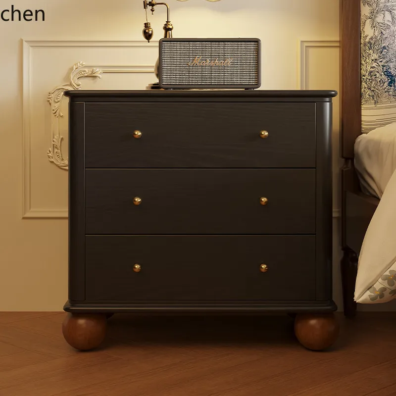 PYH Modern Simple Light Luxury Solid Wood Bedside Table Bedroom Black Storage Cabinet