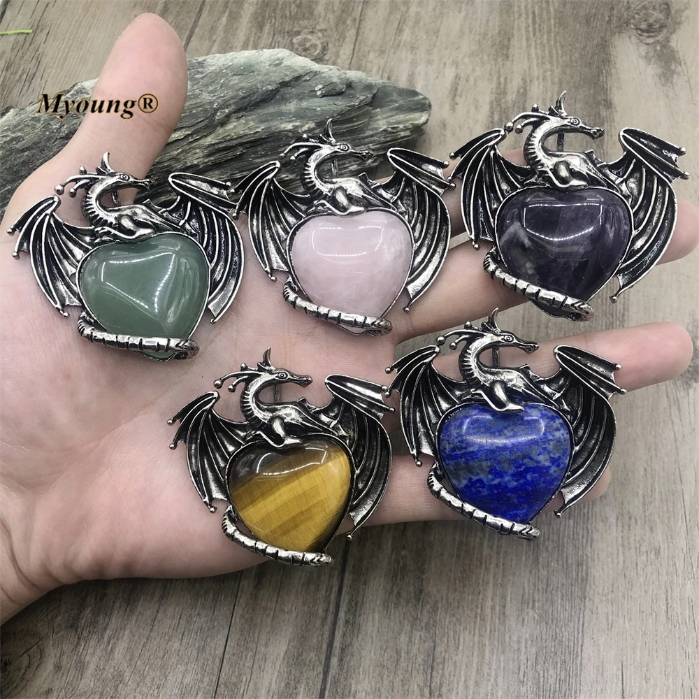 10PCS Antique Large Heart Shape Natural Amethysts Tiger Stone Lapis Rose Quartzs Crystal Vintage Dragon Necklace Pendant