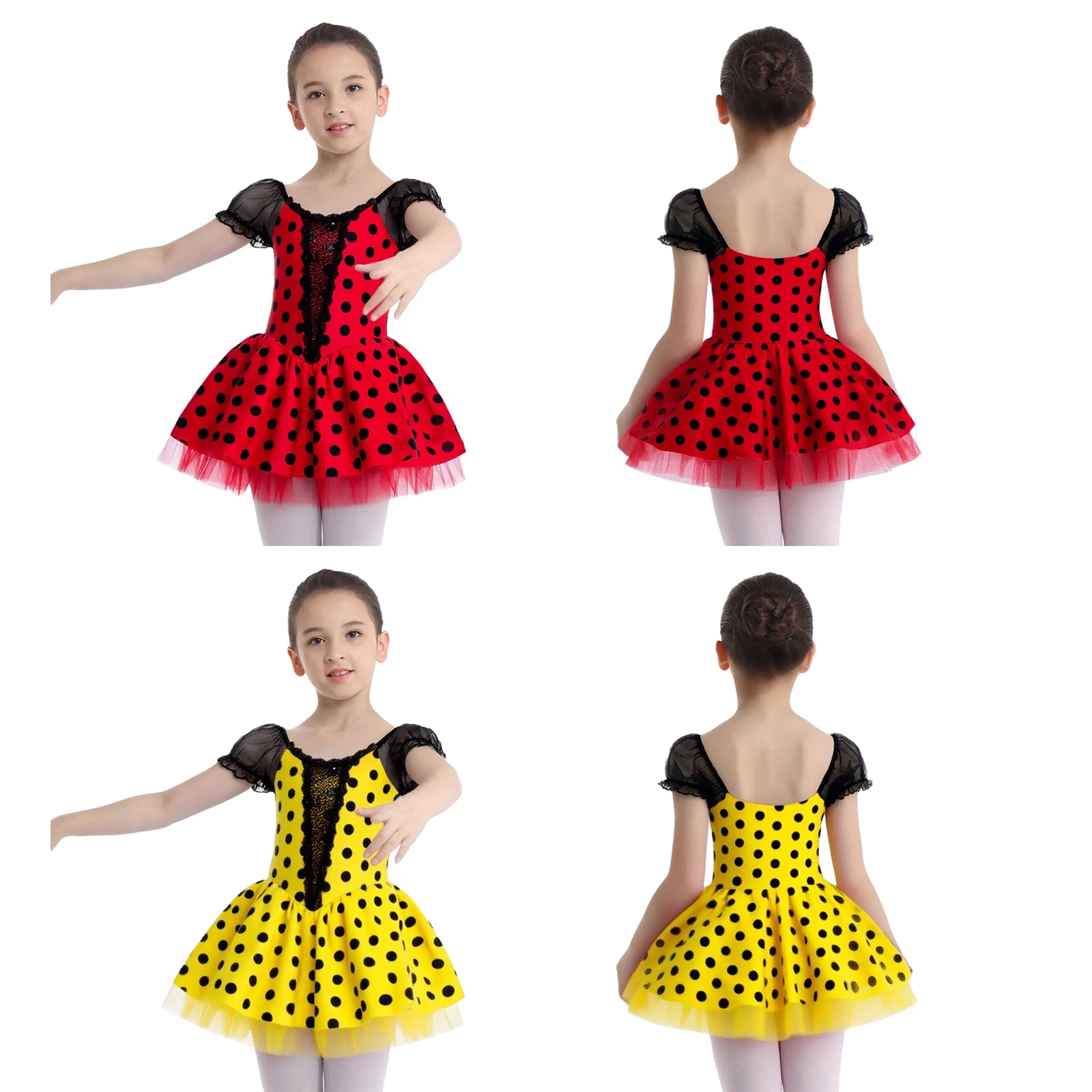 Vestido de baile con tutú de lunares para niñas, mangas cortas abombadas, lentejuelas brillantes, vestido de bloque de Color con bragas integradas para actuación de Ballet