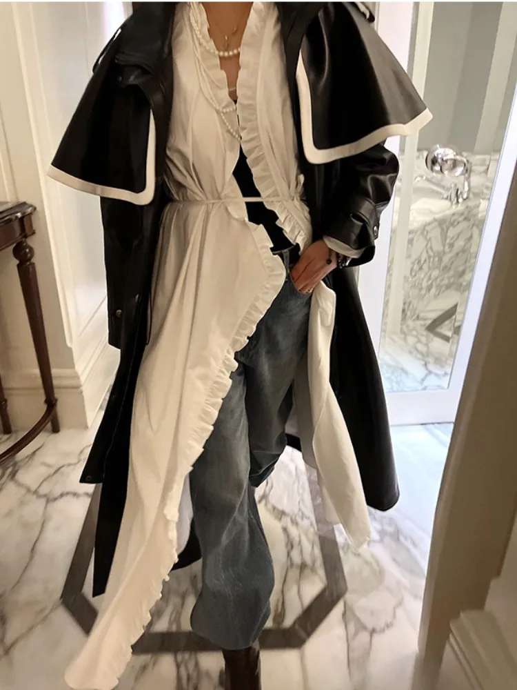 High-end cor blo casaco de couro do plutônio feminino longo sobre o joelho inverno novo sle commute padrão jaet fem outerwear