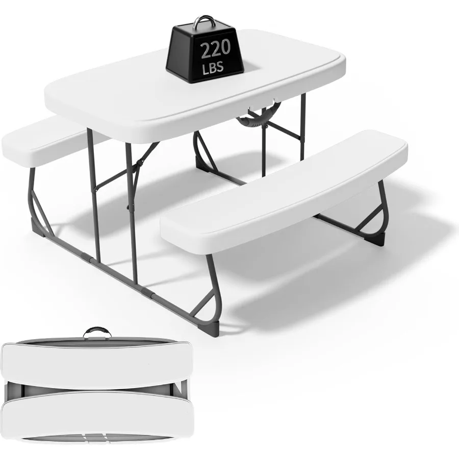 Picnic Table with Benches, Durable All-Weather Steel Frame, Stable and Easy to Clean, Portable Camping Table and Chairs for Out