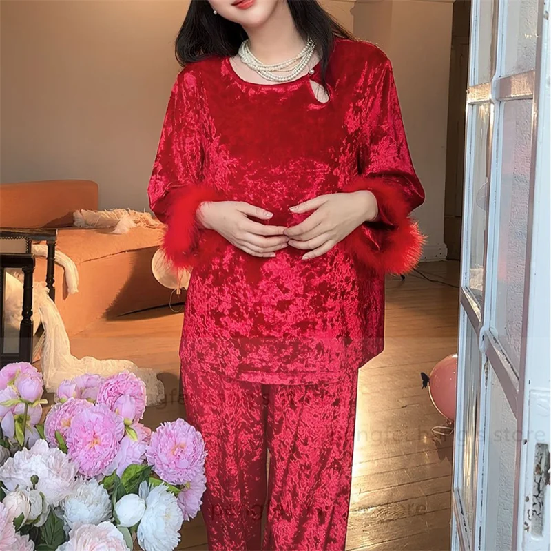 Chinese Style Feather Sleeve Pajamas Suit Gold Velour Sleepwear Warm Home Clothes Women Warm Wedding Trousers Suit Pijama