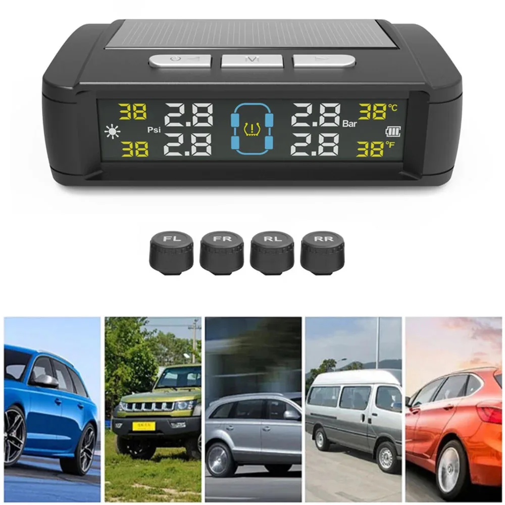 

Solar Car TPMS Tire Pressure Alarm Digital Colorful Display 4 External Sensors Waterproof Tire Presssure Monitoring System Boxed