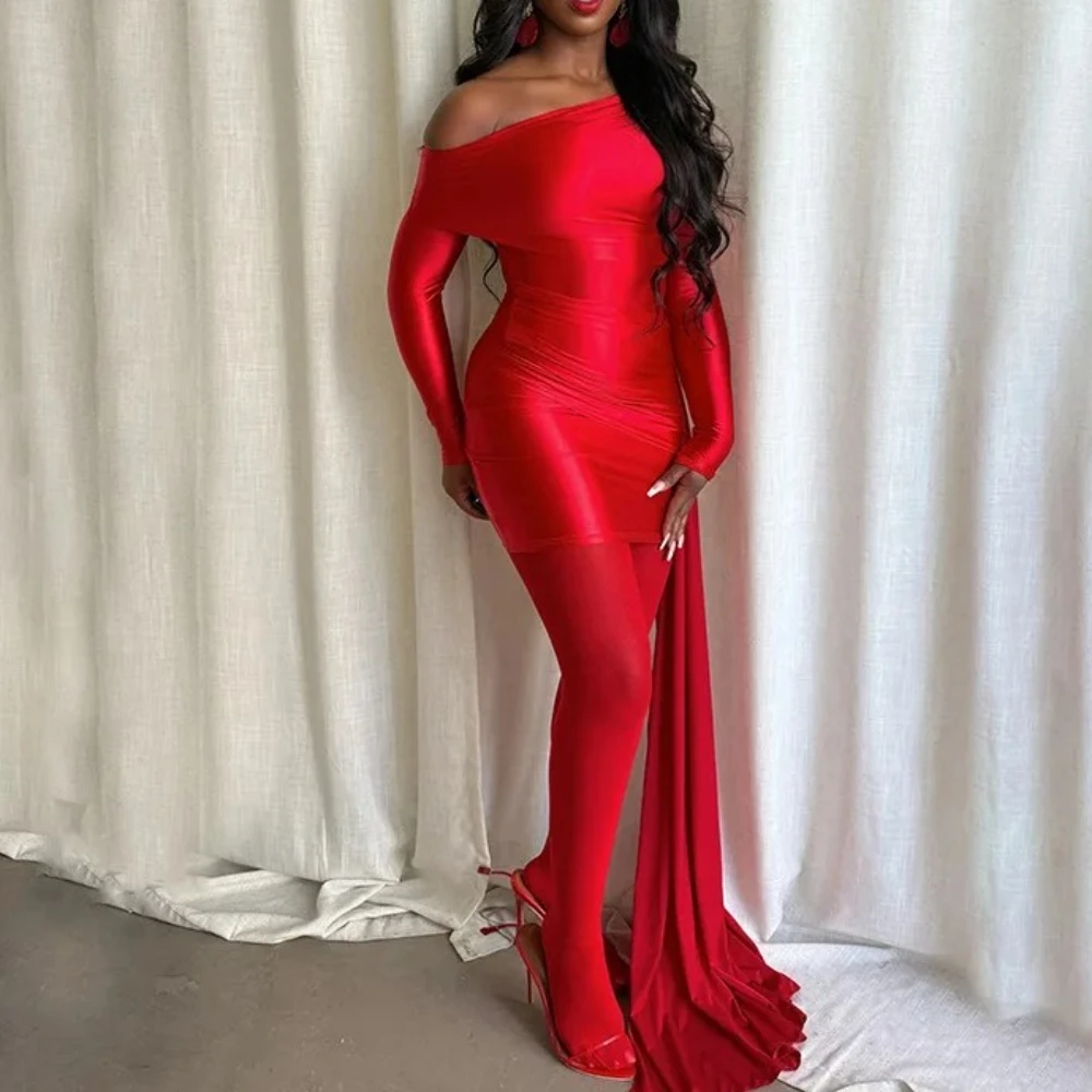 Women Sexy Side Ribbon Bodycon Maxi Party Dress Ruched Lapel Inclined Shoulder Long Sleeve Slim Birthday Evening Gown Clubwear
