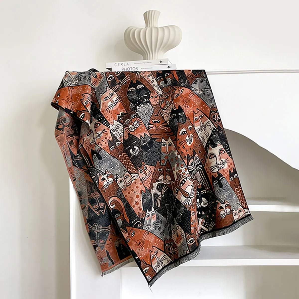 Damen High-End-Katzen-Design, Herbst-Winter, doppelseitiger Jacquard, Premium-Schals aus Kaschmirimitat, verdickter großer Schal – Detail 7