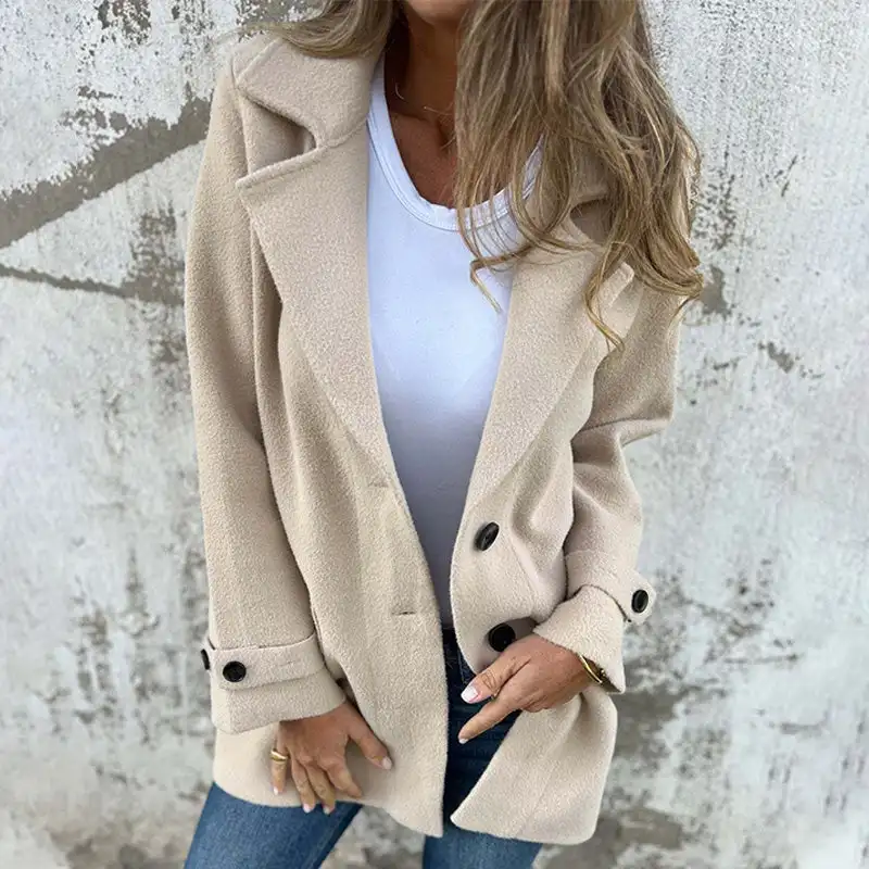 

Women's Jacket Coat Lapel Collar Plaid Double Breasted Long Peacoat Elegant Soft Solid Color Lapel Buttons Jacket