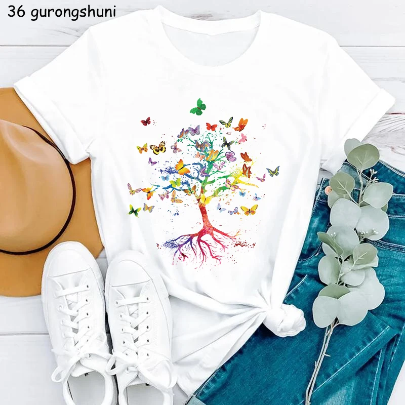 Watercolor Tree Of Life Printed Tshirt Women Cute T Shirt Femme Round Neck Summer Top Female T-Shirt Camiseta Mujer Tee Shirt