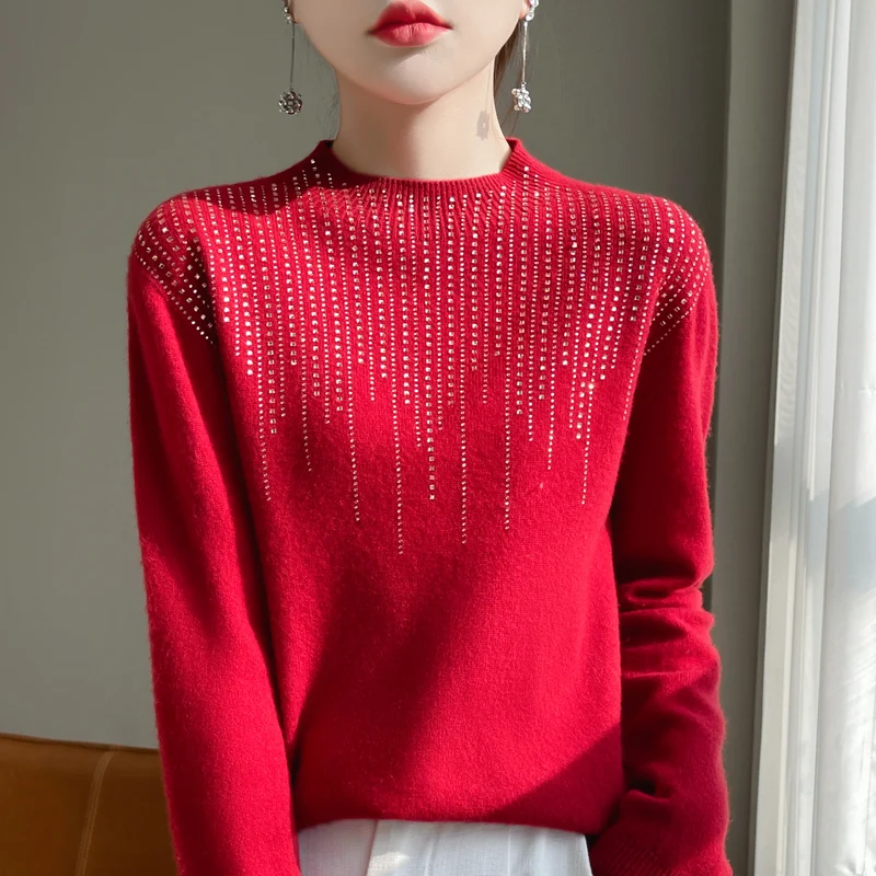 Hoodie Sparkling Crystal Half High Collar Sweater Women's High Grade Water Diamond Women's Solid Color Soft Warm Knitted Top2024