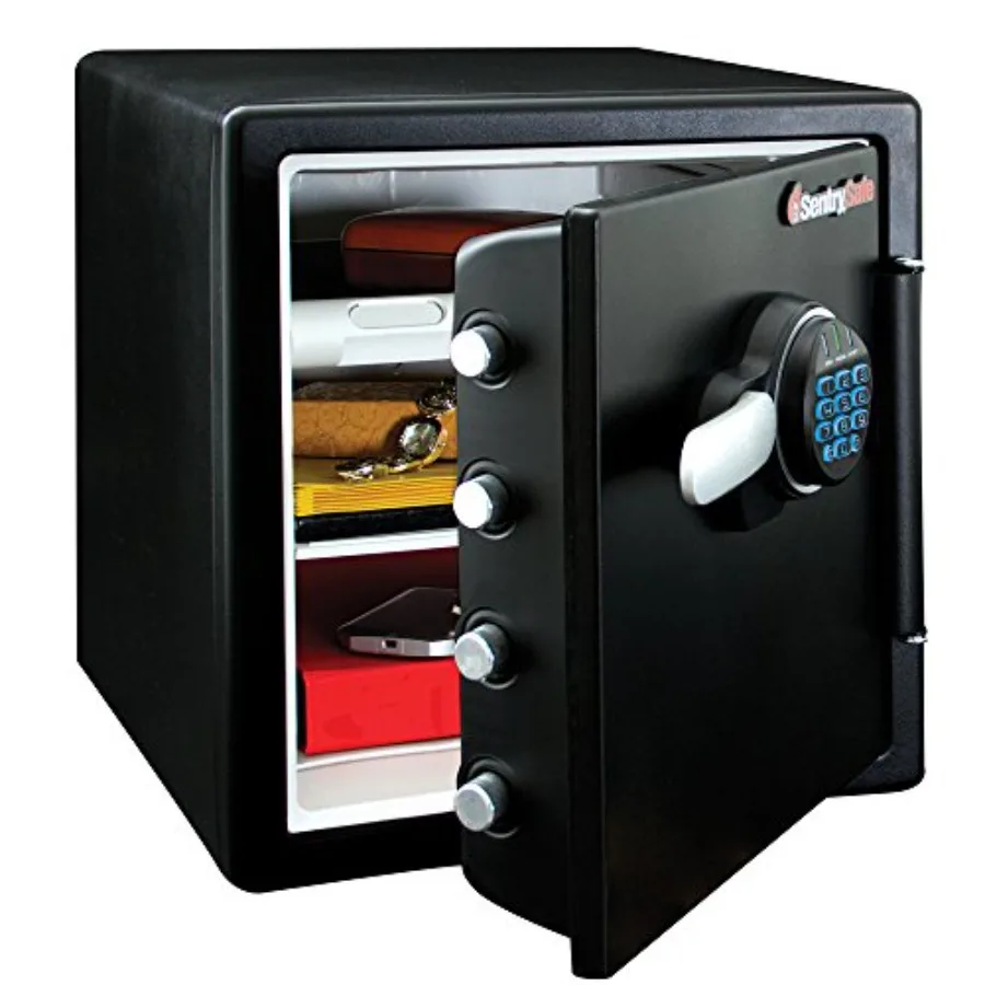 

Home safe for fireproof and waterproof protection, steel construction, black finish, keypad lock with interior lighting and adj