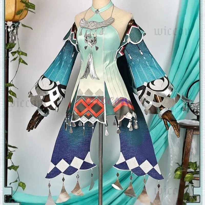 جينشين إمباكت لان يان أزياء تنكرية فستان شعر مستعار أغطية الرأس أقراط Liyue الربيع المنسوجة من اليشم حفلة الهالوين للنساء XZG5HK