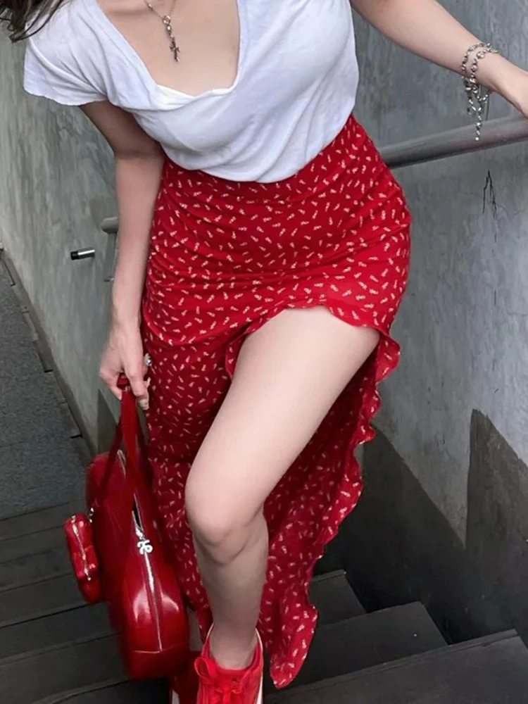 

Женская длинная юбка с цветочным принтом, красная, летняя, приталенная, с высокой талией, милая, асимметричная, модная, в корейском стиле, повседневная, элегантная, с разрезом