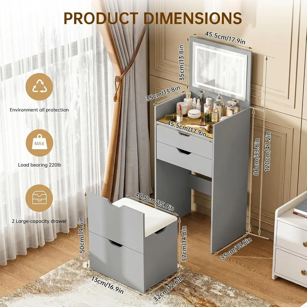 Vanity Desk with Mirror and Lights, Vanity Table Set with Storage Der, Bedroom Dring Table with Charging Station, Small Makeup V