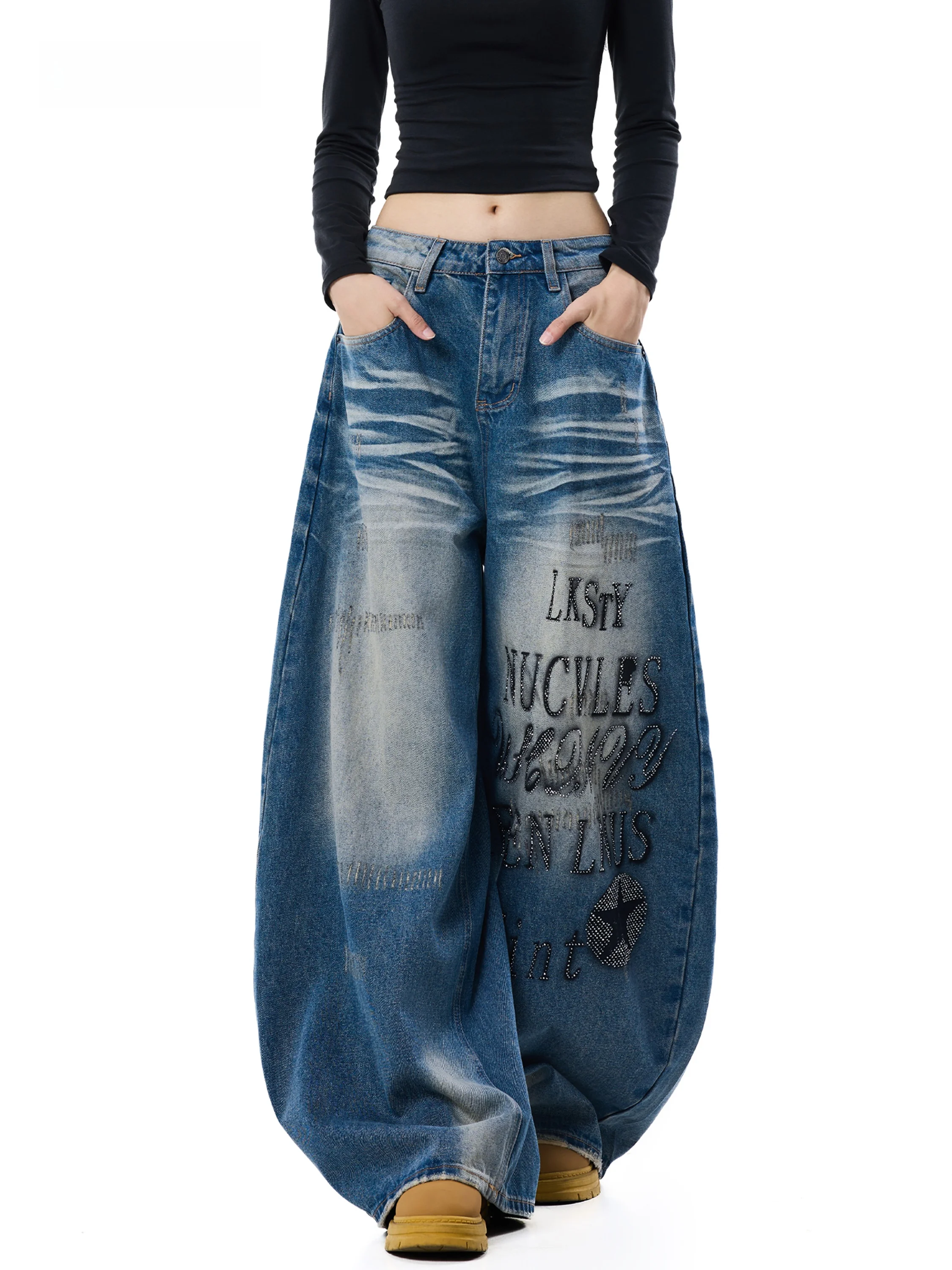Fall Vintage Washed Rhinestone Wide Leg Denim Jeans Women Loose Slimming American Street Graffiti Design Sense Knife Pants