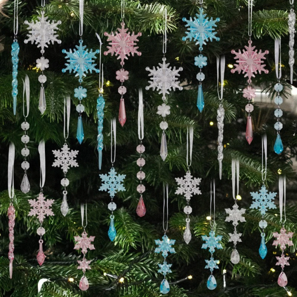 

18pcs Pink Ice Cone Pendants, Christmas Acrylic Transparent Blue Ice Bar Pendants Christmas Tree Snowflake Decoration Ornaments