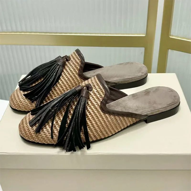 

Summer Slippers Women Round Toe Braided Mules Shoes Women Chain String Bead Fringe Decor Slides Street Style Flat Slippers Woman