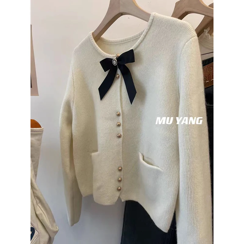 Sweet Bow Knot Sweater Jacket Women Knitted Cardigan Vintage Fashion O-neck Long Sleeve Single Breasted Knitwear Tops Jumper