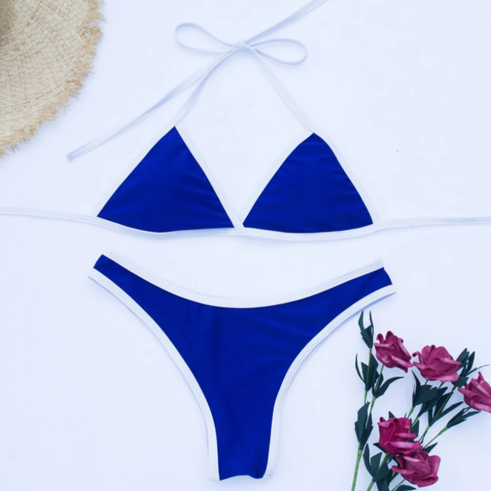 Womens Sexy Lingerie Split Bikini Solid Holiday Beach Monochrome Swimsuit Lace Up Bikini Sets Swimwear  Breathable Underwear