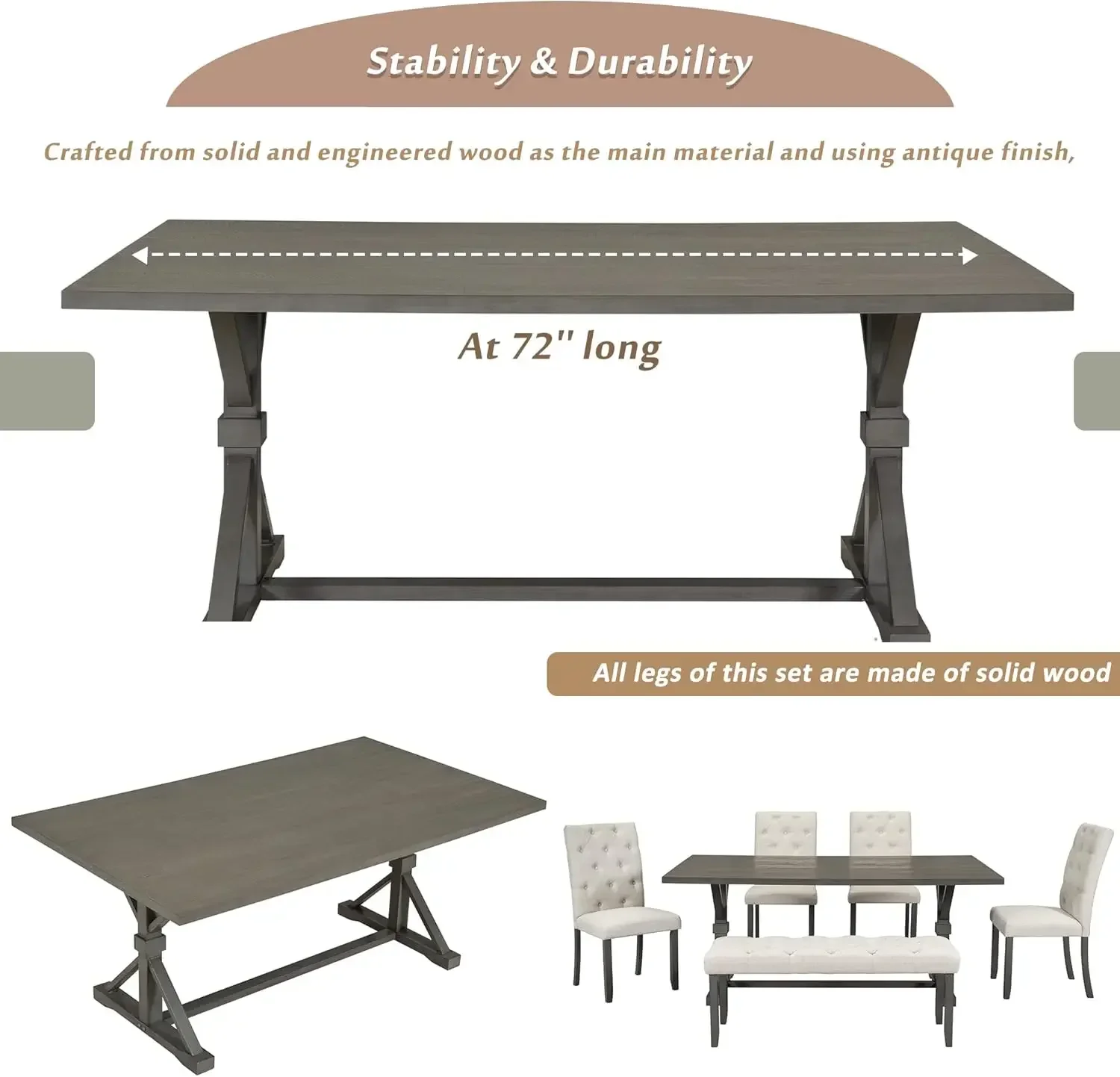 Conjunto de mesa de jantar de cozinha de 6 peças, mesa retangular de madeira de 72 polegadas com 4 cadeiras estofadas e um banco, conjunto de mesa de sala de jantar