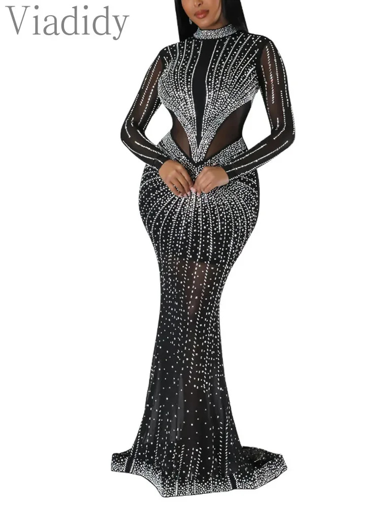 

Женское сексуальное платье-русалка для вечеринок с длинными рукавами, прозрачной сеткой и декором из страз, однотонное.