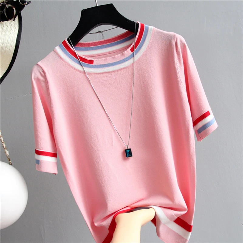 Tee Shirt Femme Knitted T Shirt Women Summer Tops Short Sleeve Tshirt Korean Style Womens Clothes Camisetas De Mujer Para Verano