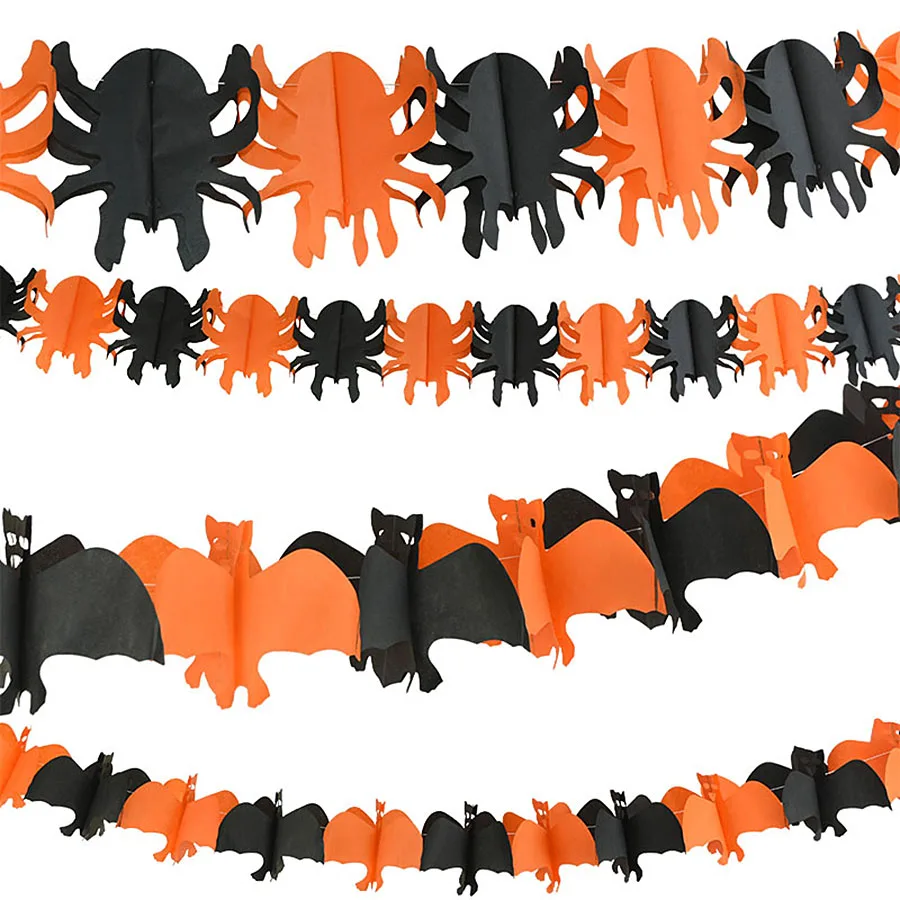 Halloween Paper Garland Banners Skull Pumpkin Bat Spider Cutout Paper Streamer Hanging Paper Bunting for Halloween Party Decor