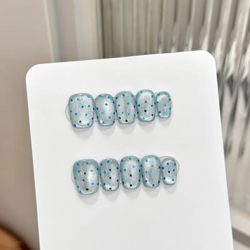 10pcs Crystal Cat Eye Press on Nails Cute Short Round False Nails Sparkling Fairy Eye Stick on Nail Reusable Sweet Cool Nail Art