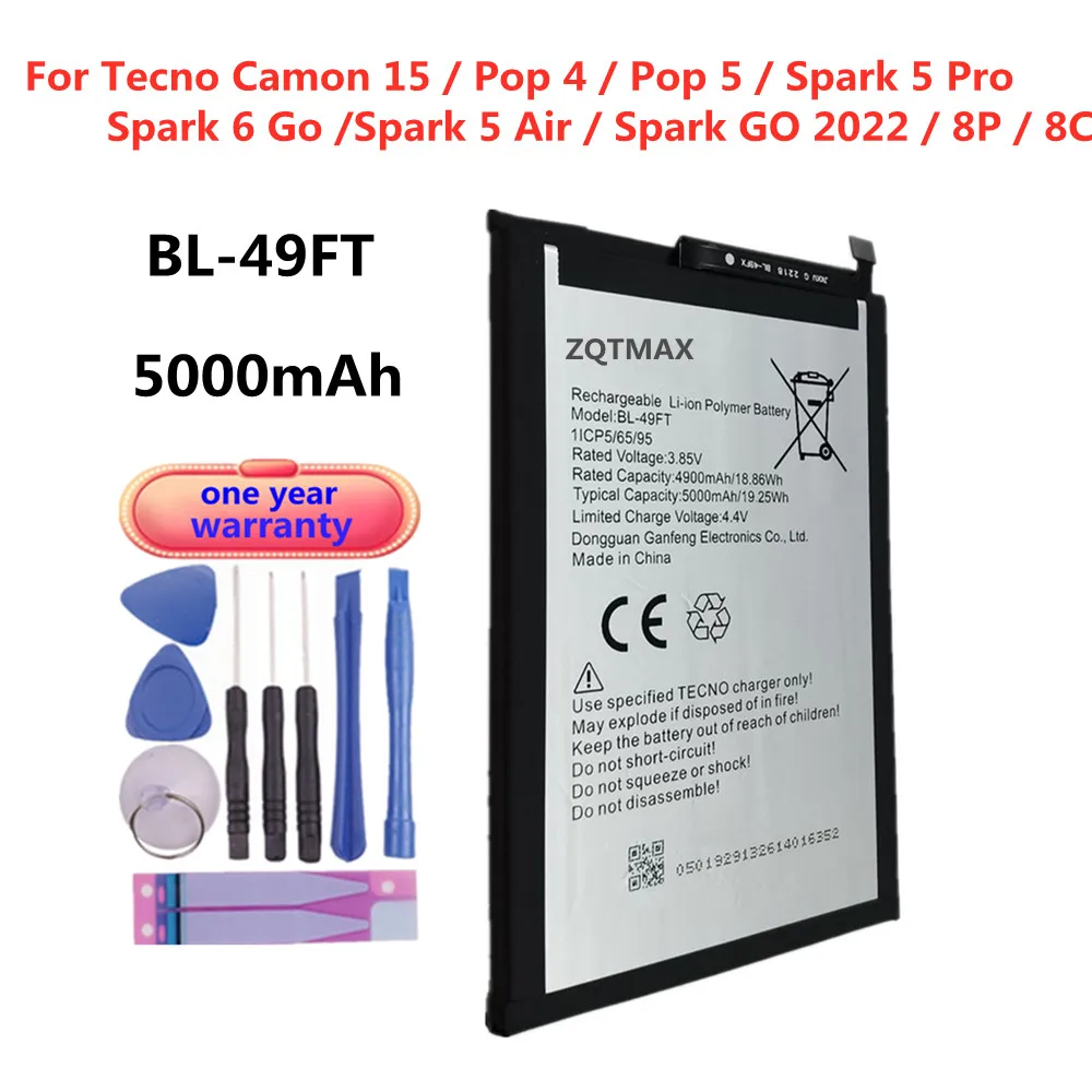 

BL 49FT Battery For Tecno Spark 5 Pro / Spark 6 Go / Spark 5 Air / Camon 15 / Pop 4 5 / Spark GO 2022 / 8P / 8C BL-49FT Bateria