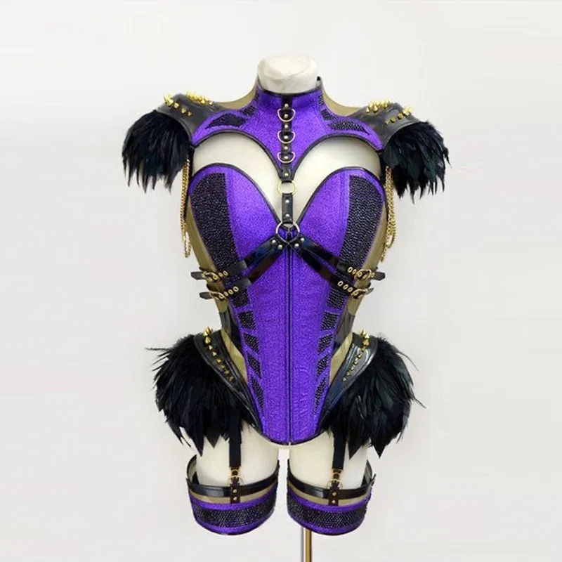 

Rivet Feather Purple Bodysuit Gogo Clothing Singer Performance Stage Costume Sexy Drag Show Outfit Bar Dj Rave Clothes