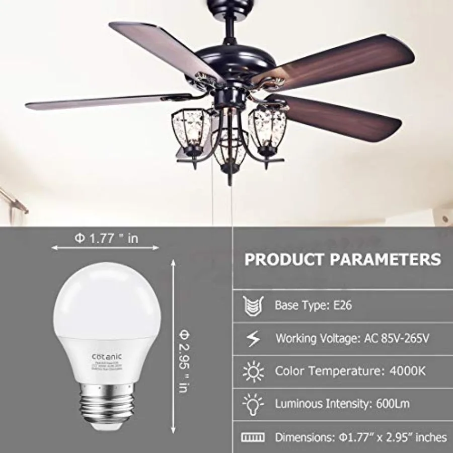 A15 LED Bulb, Ceiling Fan Bulbs 6W 60W Equivalent,, E26 Standrad Base Light, 600lm, CRI 80+ LED Globe Shape Bulb, Non-Dimmable,