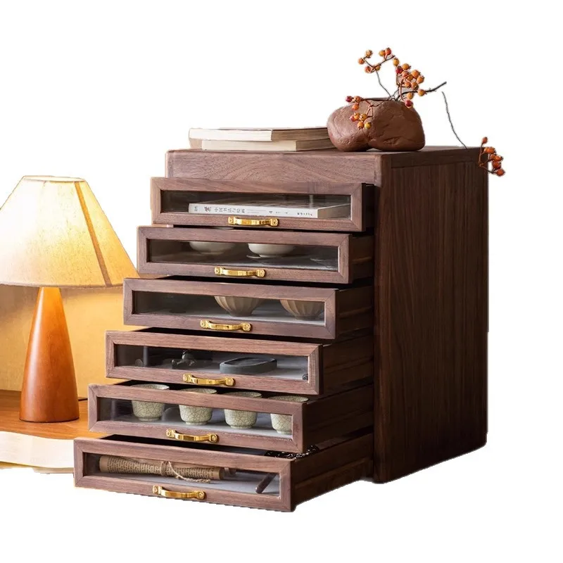 North American Black Walnut Drawer Cabinet Desktop Storage Box New Chinese Solid Wood Teacup Tea Set Wenwan Jewelry Locker