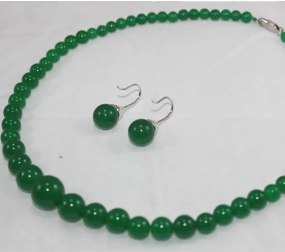 

wholesale charming and elegant 6-12mm green Natural jade necklace & earrings FINE Jewelry set