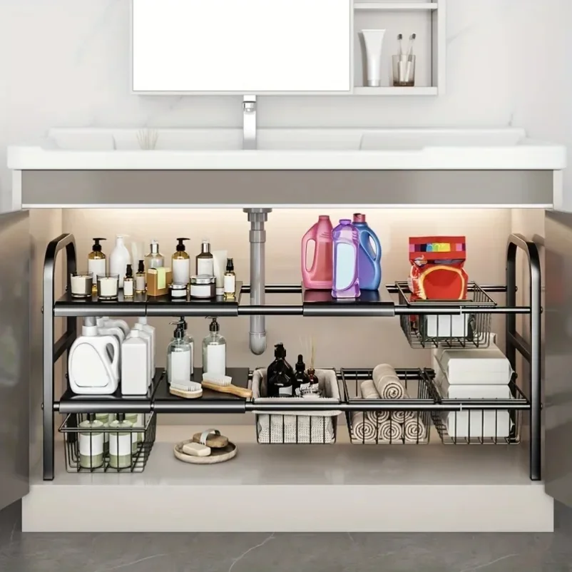 1 Set Multi-Use Kitchen Under Bathroom Sink Organizers - Expandable Cabinet Shelf Organizer Storage Rack - view 2