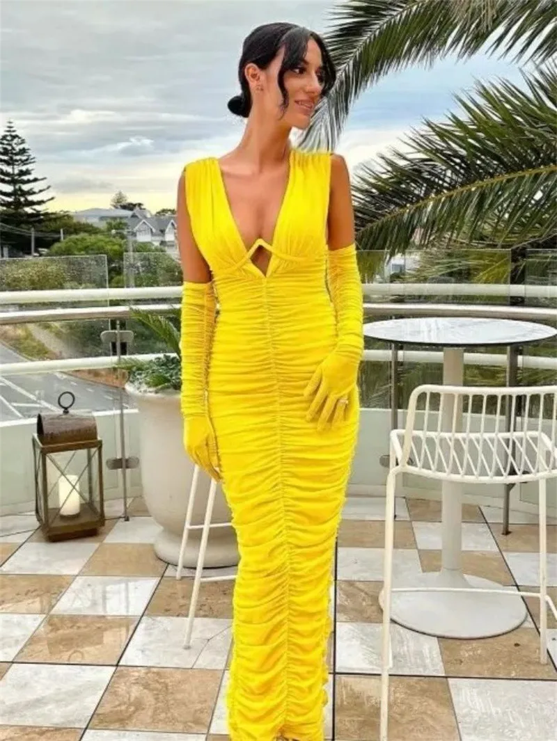 Elegant Yellow Mermaid Prom Dress (NO Gloves) Deep V Neck Long Maxi Party Evening Gown Celebrity Cocktail Robe