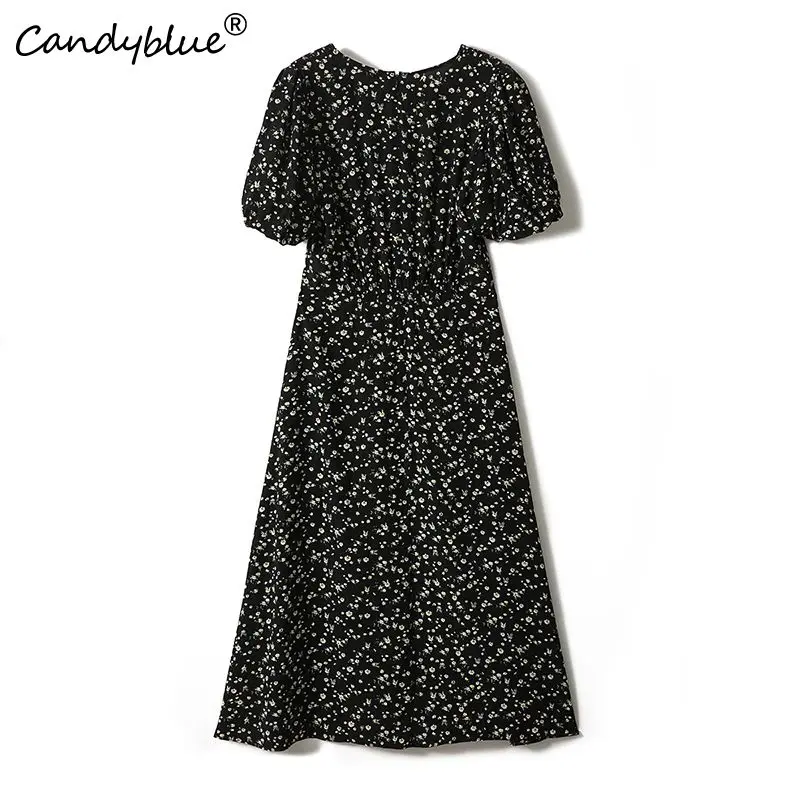 French Black Bottom Little Daisy Bubble-sleeve Temperament Mid Length Dress Fashion Short Sleeve Mid-Calf Dresses For Women 2023