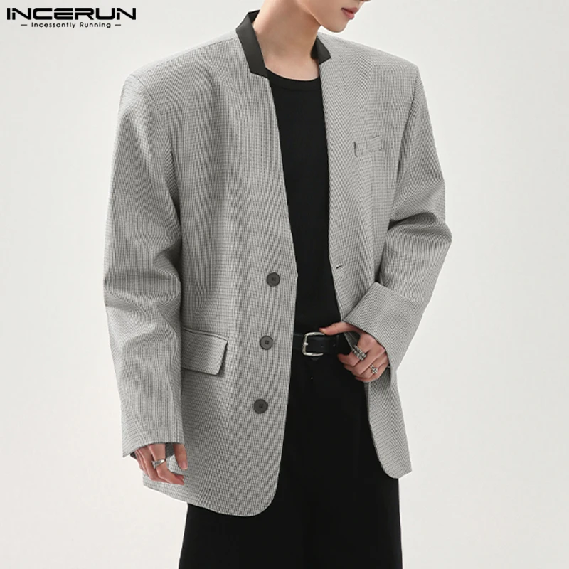 Incerun masculino blazer xadrez retalhos com decote em v botão manga longa casual terno masculino streetwear 2025 moda elegante casacos masculinos blazer
