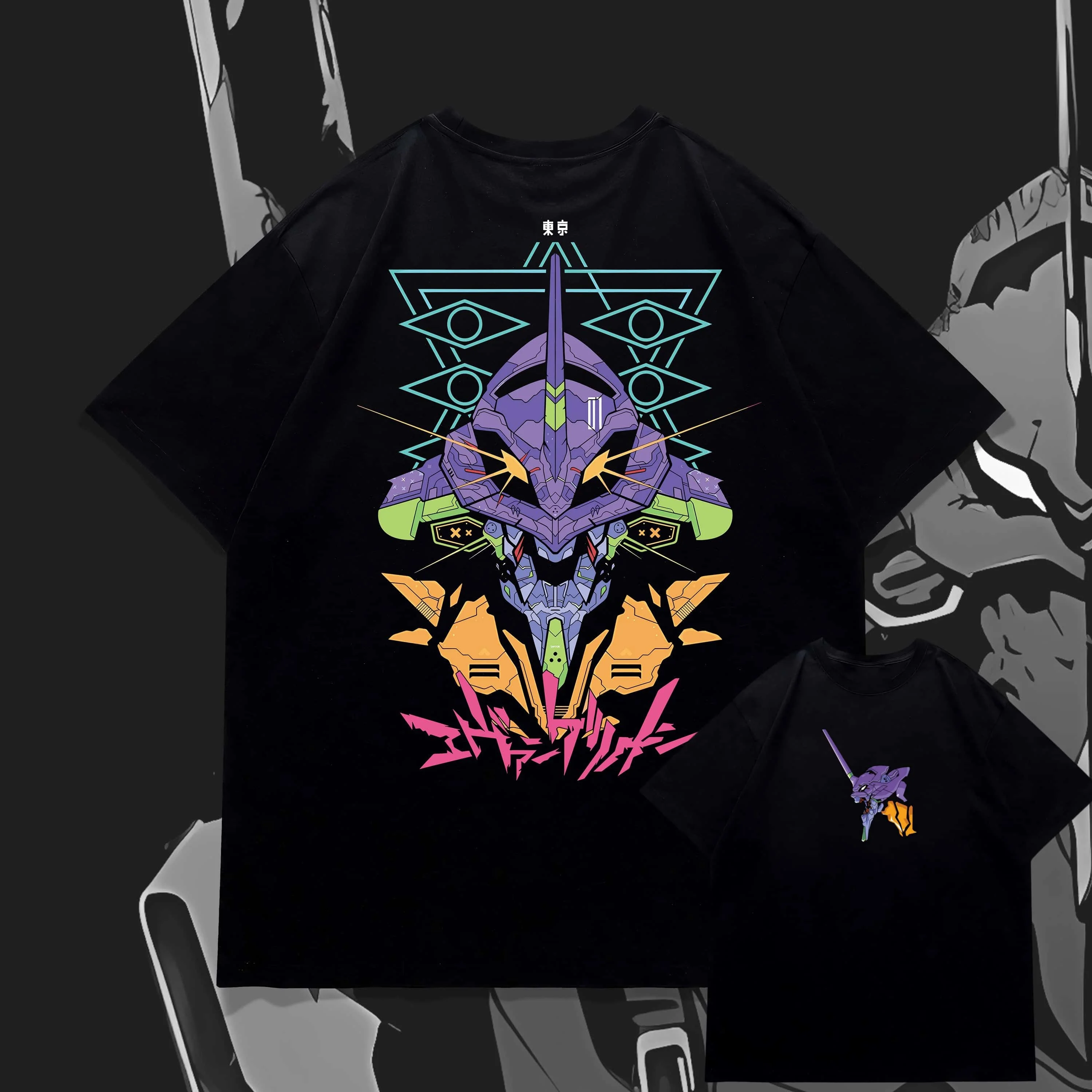 New Century Evangelion EVA Initial Machine Back Large Print Short Sleeve Japanese Anime Loose Shoulder Unisex T-shirt
