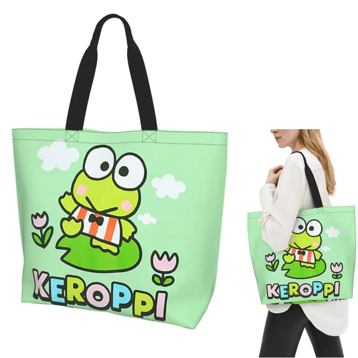 

Keroppi Big-eyed Frog Cartoo Сумка-тоут для покупок Холщовая сумка на плечо большой вместимости Сумка-шоппер для продуктов для женщин