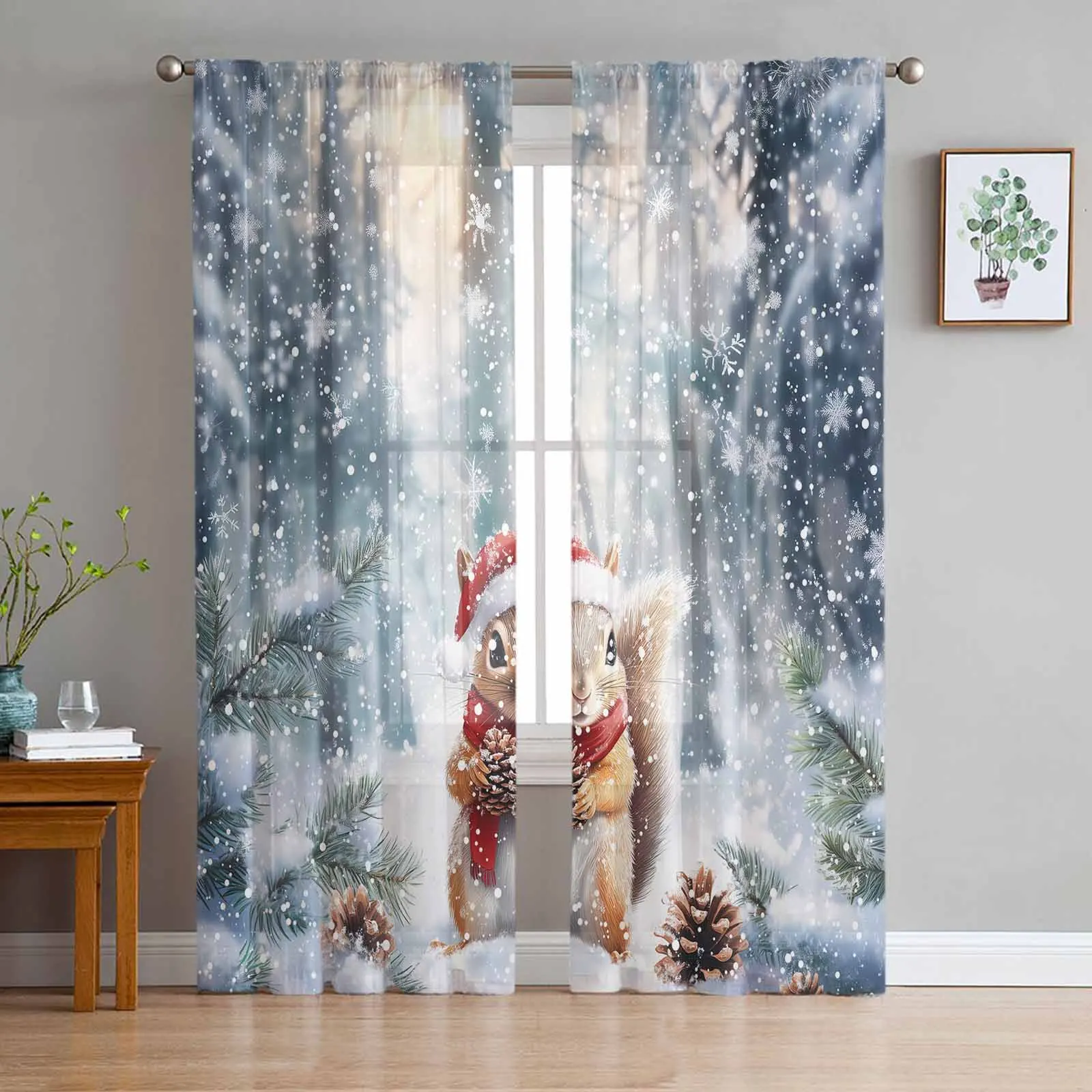 Christmas Winter Snowflake Squirrel Bedroom Transparent Sheer Curtains Holiday Decoration Window Voile Tulle Curtain