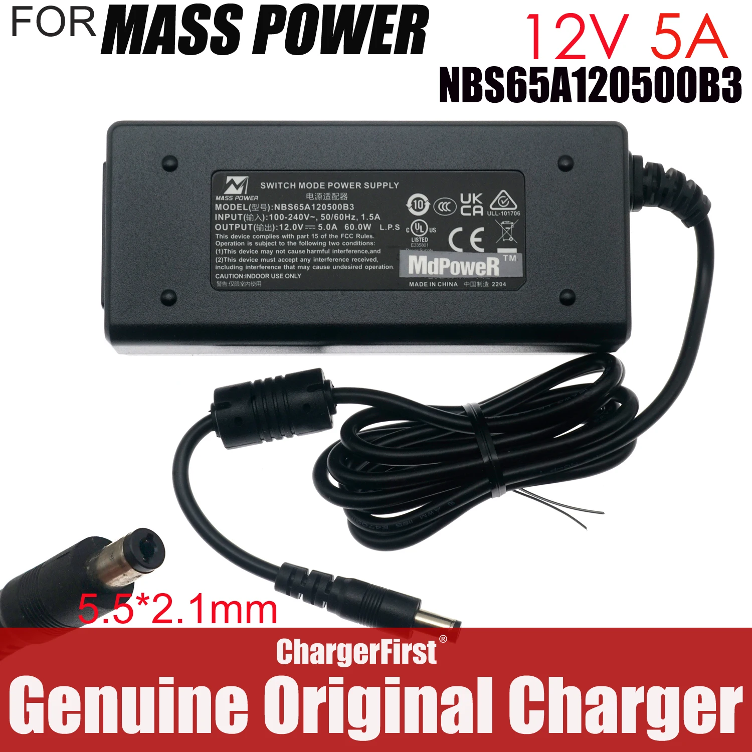 Genuine Mass Power NBS65A120500B3 12V 5A 60W Adapter for Dahua HCVR5216A-V2 HCVR7204 XVR8208A-4K-I XVR8216A-4KL-I DVR 5.5x2.1mm