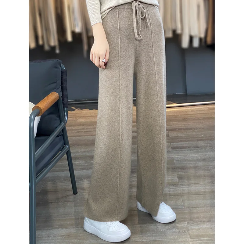 100% Pure Wool Pants Cashmere Wide Leg Trousers Women\'s Long Britches Knit Loose Casual Straight Leg Pants  Autumn Winter New