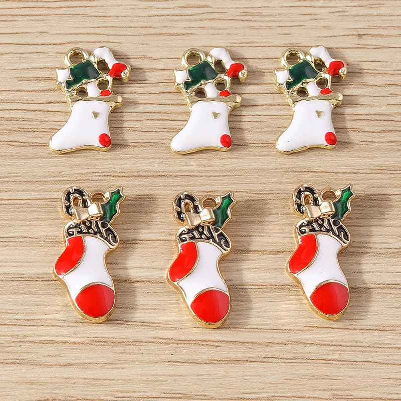 10pcs Cute Enamel Christmas Sock Charms Pendants for Jewelry Making Drop Earrings Necklace Bracelets DIY Crafts Accessories