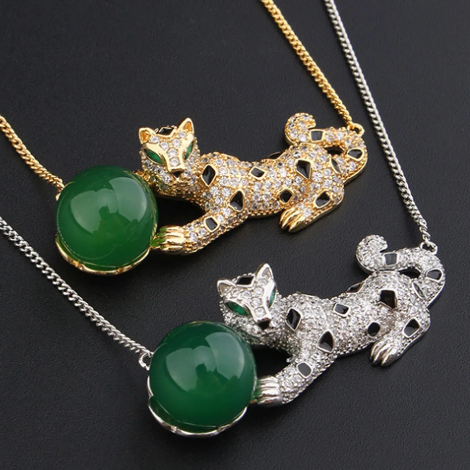 

zlxgirl Luxury brand leopard shape animal pendant Perfect Green Stone Gold Chain necklace fashion woman and men punk jewelry