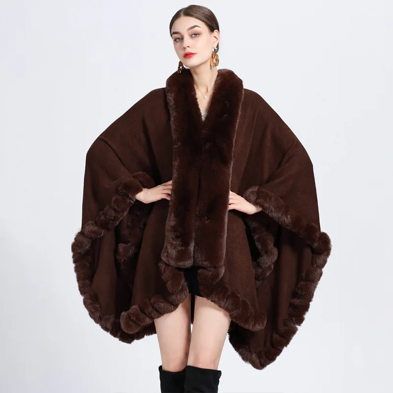 Women's Rex Rabbit Faux Fur Shawl Lady Luxury Overcoat Winter Keep Warm Wrap Solid Color Cloak Classic Large Size Cardigan New